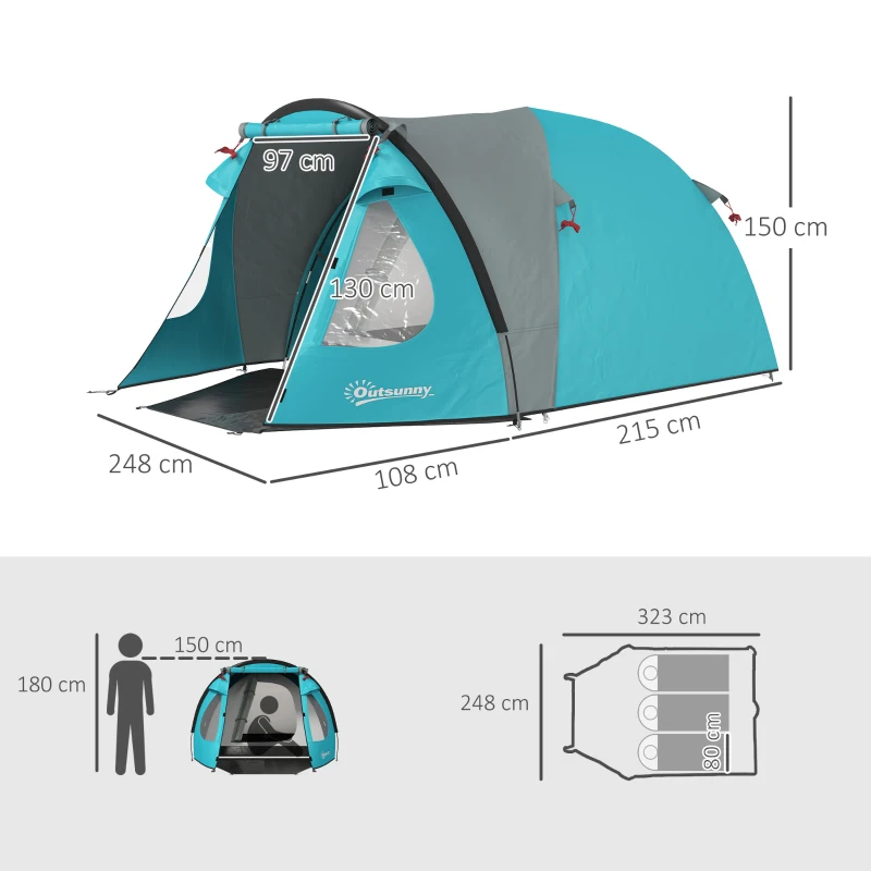 Outsunny Cort de Camping pentru 3 Persoane cu Cameră, Verandă, și Geantă de Transport, 3.23x2.48x1.5 m, Albastru(m-3)