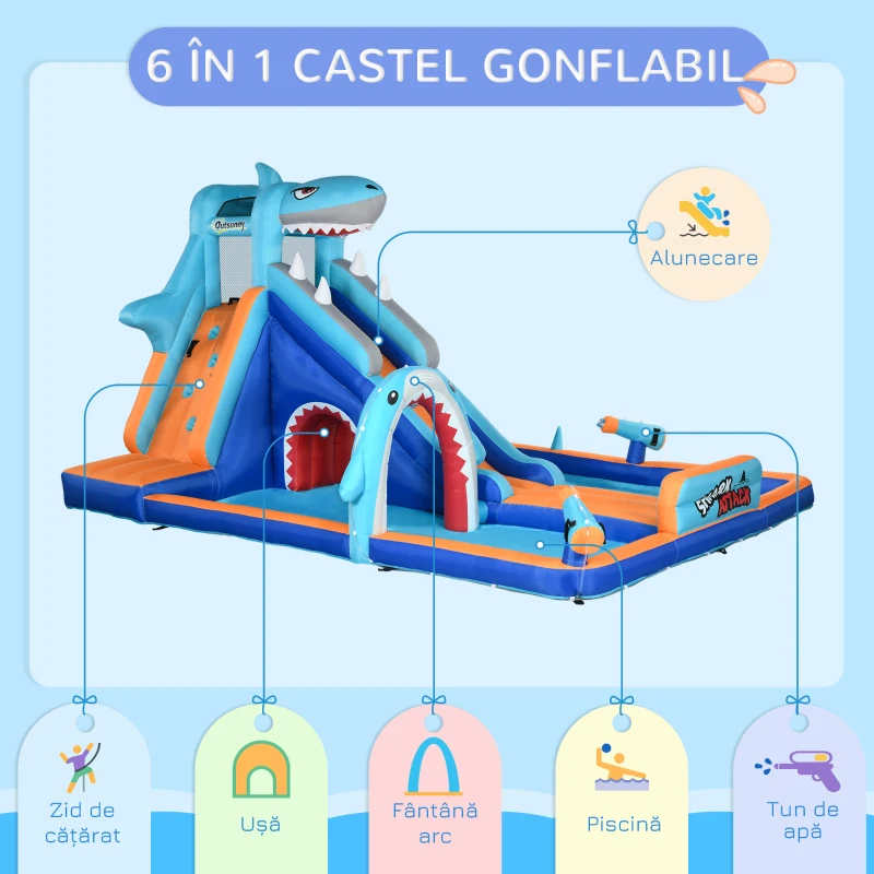 Outsunny Castel Gonflabil Copii 6‑in‑1 – Parc Acvatic cu Tobogan & Piscina