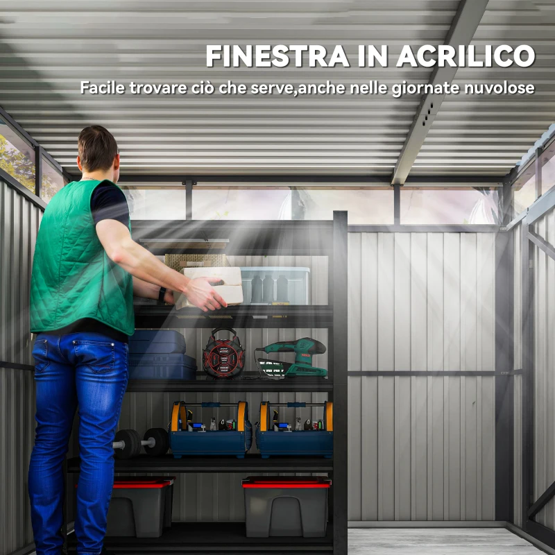 Outsunny Capanno da Giardino con Lucernario in Acrilico e Fori di Drenaggio, in Acciaio, 200x258x201 cm, Grigio Scuro