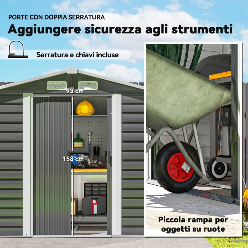 Outsunny Casetta da Giardino in Metallo con Porte Scorrevoli e Lucchetto con Chiavi, 2.1x1.2x1.9m, Grigio Scuro