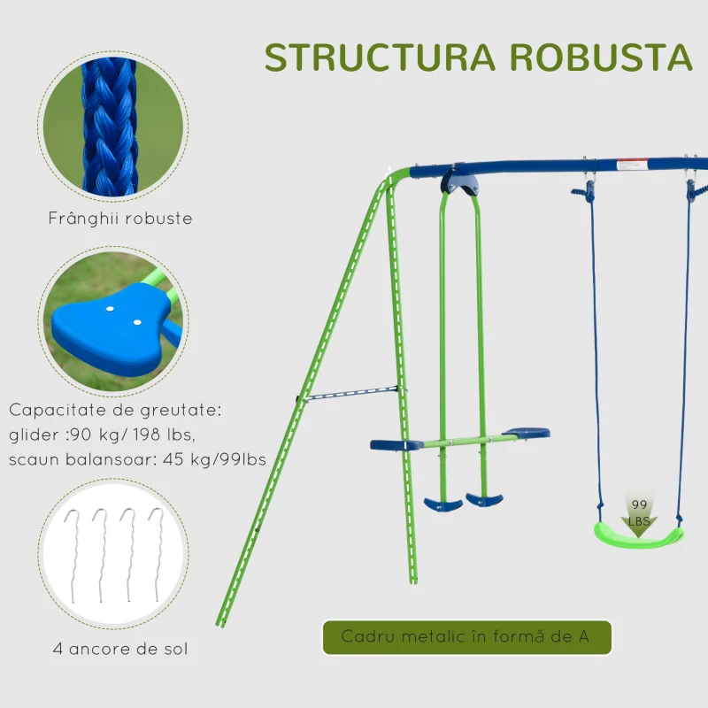 Outsunny Set Leagăn de Grădină cu Leagăn Dublu și 2 Leagăne Simple, 280x140x178 cm, Verde(m-6)