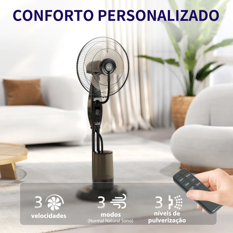 HOMCOM Ventoinha de Pé com Nebulizador 75 W Temporizador Depósito de 3,2L Controlo Remoto 3 Velocidades 3 Hélices e Ecrã LED Ø44,5 cm Preto