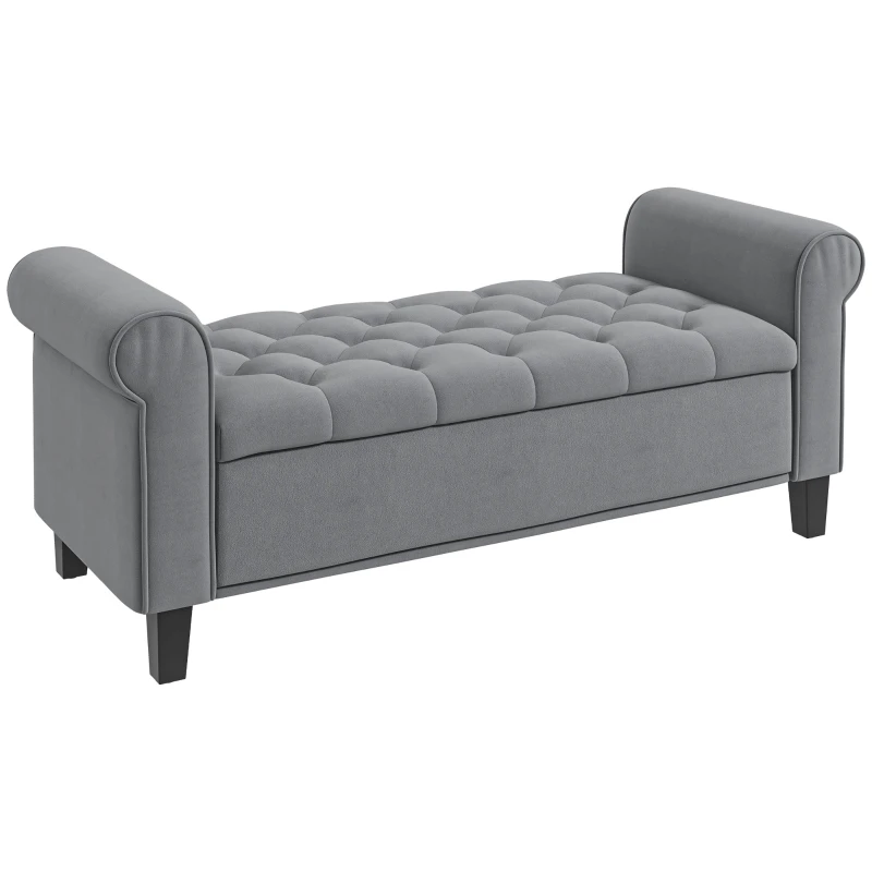 HOMCOM Banca pentru Capul Patului din Material Efect Catifea cu Spatiu de Depozitare si Cotiere Rulate , 126x48.5x57 cm, Gri(m-11)