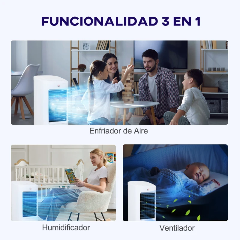HOMCOM Enfriador de Aire 3 en 1 con Depósito de 7L Modos Ajustables Temporizador Control Remoto y Ruedas 30x30,5x73,5 cm Blanco
