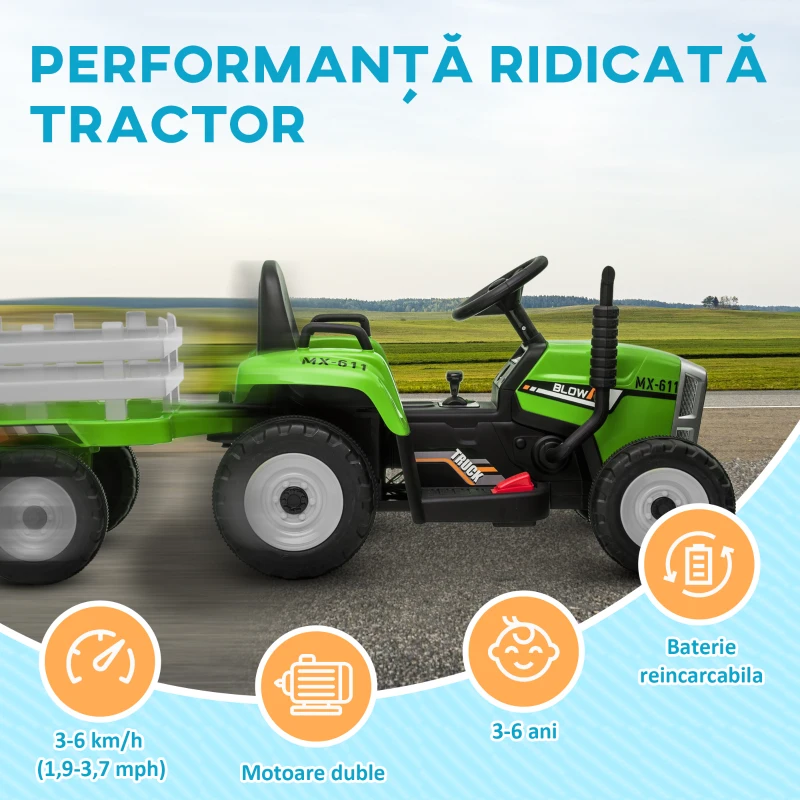 HOMCOM Tractor Electric cu Remorca Detasabila, Masinuta Electrica pe Baterii de 12V pentru Copii, cu Telecomanda, Sunet de Pornire, cu Muzica si Claxon, Lumini, pentru Varste intre 3-6 ani - Verde(m-8)