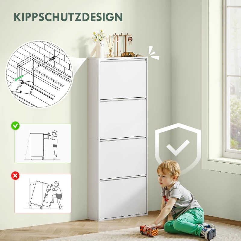 HOMCOM Schmaler Schuhschrank aus Metall für bis zu 8 Paar Schuhe, 4 Kippschubladen, für Flur, Eingangsbereich, Weiß(m-7)