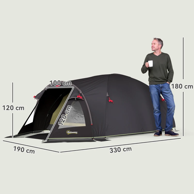 Outsunny Cort de Camping pentru 2-4 Persoane cu 2 Camere, Ușă, Ferestre și Geantă, 330x190x120 cm, Negru
