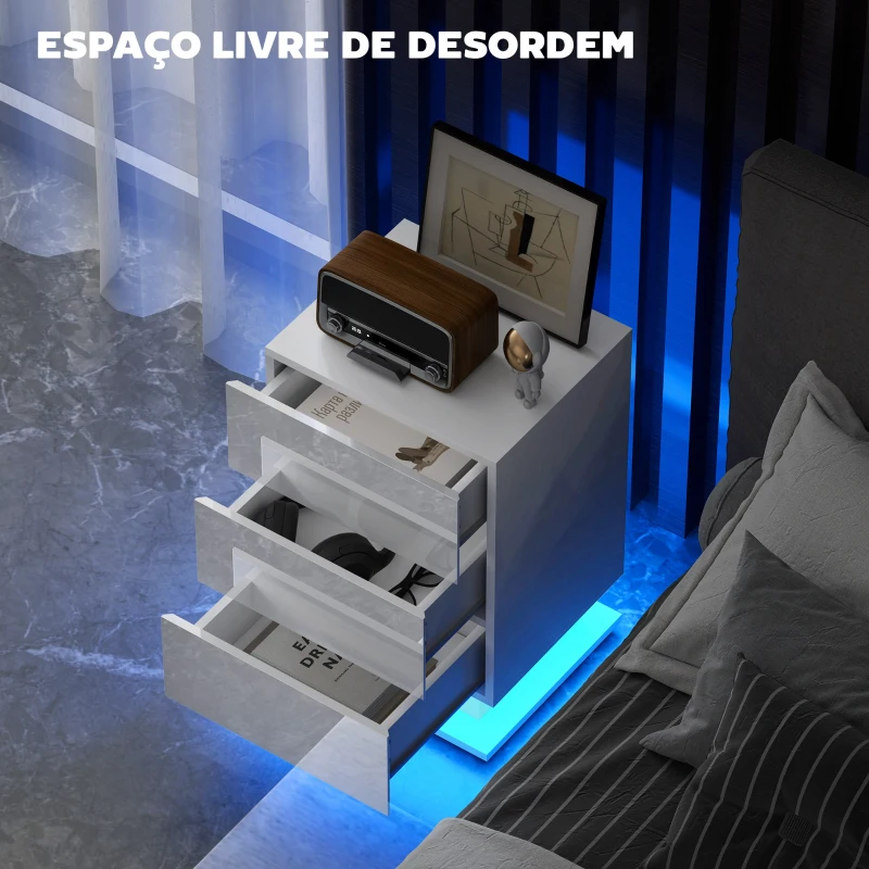 HOMCOM Mesa de Cabeceira com Faixa de Luz LED Multicolor Mesa Auxiliar com 3 Gavetas Estilo Moderno 40x35x60 cm Branco Brilhante