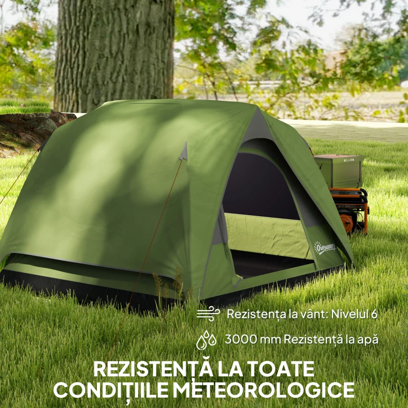 Outsunny Cort de Camping pentru 3 Persoane cu Buzunare și Geantă de Transport, 200x200x135 cm, Verde