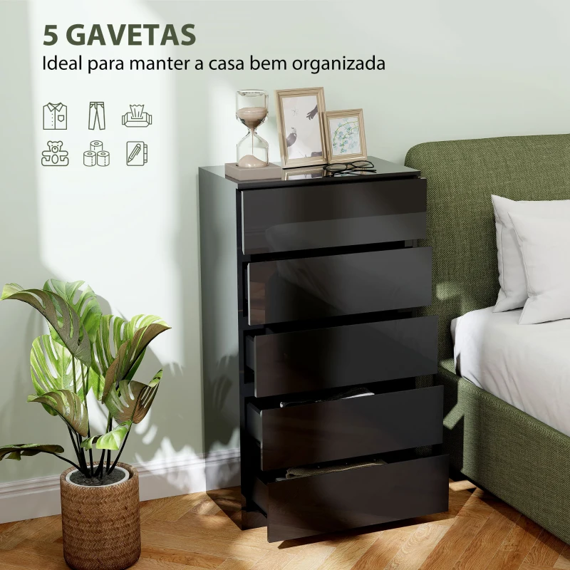 HOMCOM Cómoda com 5 Gavetas de Madeira Cómoda de Dormitório Cómoda Branca para Sala de Estar Estilo Moderno 55x34x100 cm Preto