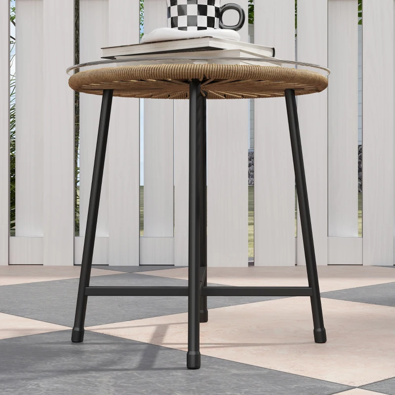 Outsunny Set Bistro din 3 Piese cu Măsuță de Cafea cu Blat de Sticlă și 2 Scaune, Φ45x46 cm, Natural
