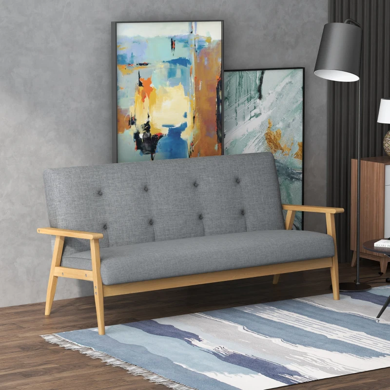 HOMCOM Dreisitzer-Polstersofa, Kautschukholz, 154,5 x 69,5 x 73 cm, Grau(m-7)