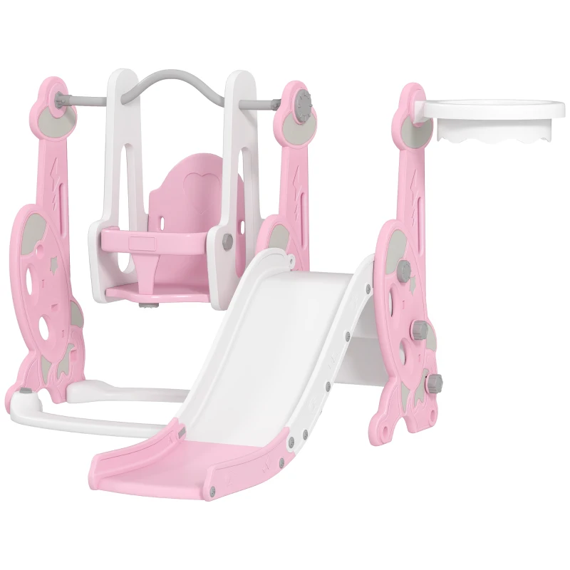 AIYAPLAY Escorrega Infantil 4 em 1 Parque Infantil com Baloiço e Escorrega Escalador Cesto de Basquetebol 147,5x160x107 cm Rosa