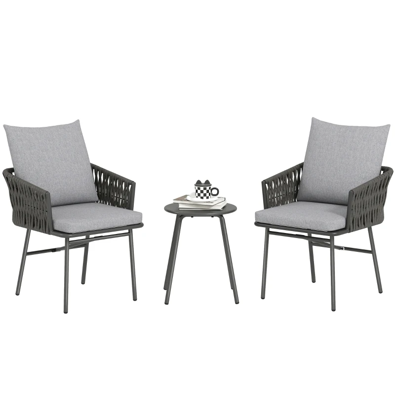 Outsunny 3-Piece Rattan Bistro Set, Garden Table and Chairs with 4 Cushions, Patio Rattan Conversation Furniture Set for Balcony, Porch, Terrace, Grey