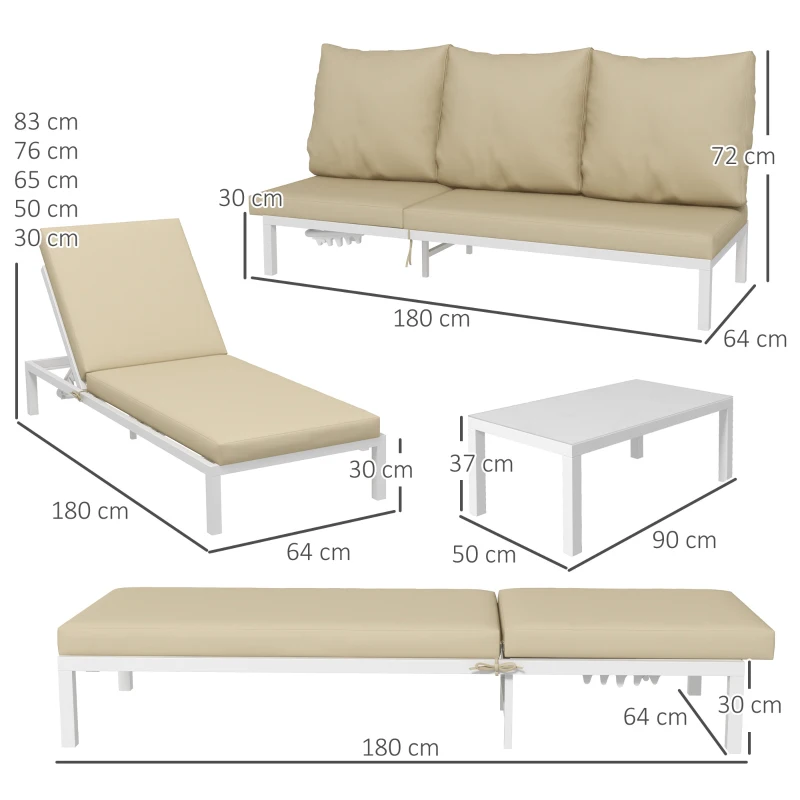 Outsunny Set de 2 Sezlonguri de Terasa cu Perna, Set de Pat Rabatabil de Exterior cu 5 Niveluri Reglabile cu Masa cu Blat de Sticla(m-3)