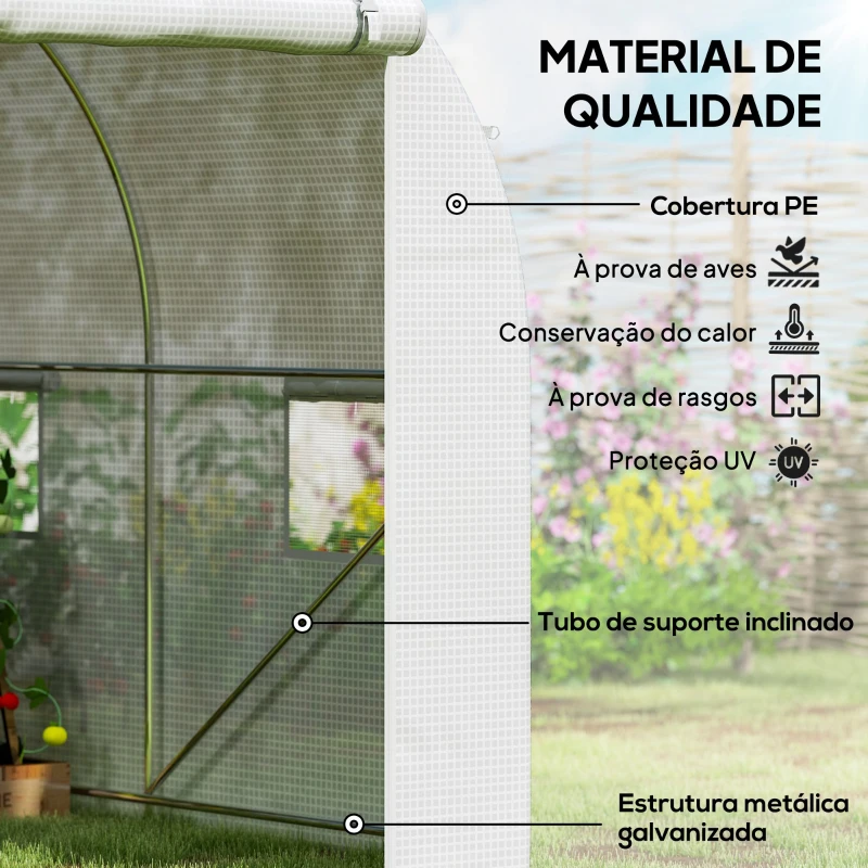 Outsunny Estufa tipo Túnel 500x200x205 cm Estufa de Jardim com Porta Enrolável e 8 Janelas Cobertura de PE 140 g/m² Branco