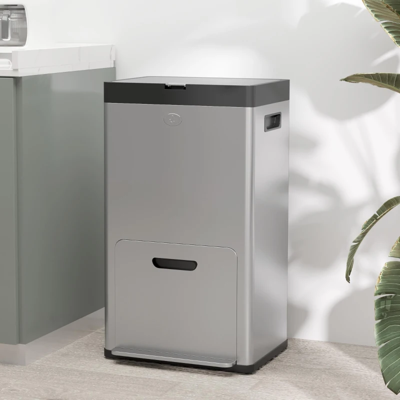 HOMCOM Coș de Gunoi cu 3 Compartimente de 56L, Pedală și Închidere Silențioasă, 45,7x35,8x76 cm, Argintiu