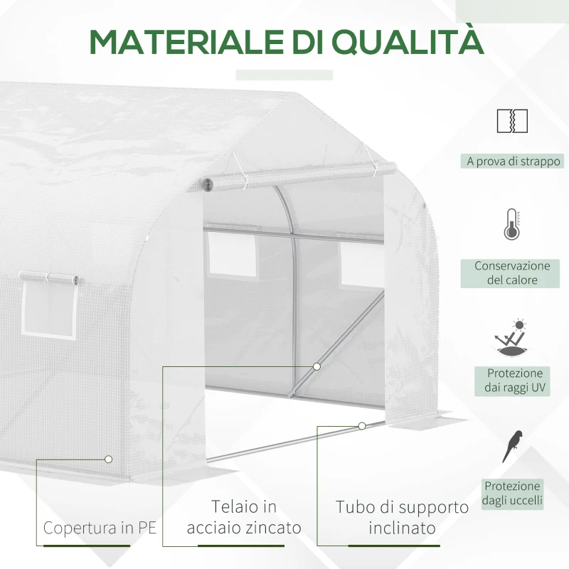 Outsunny Serra a Tunnel per Esterni con 6 Finestre a Rete, in Metallo e Plastica PE, 3.5x3 m, Bianca