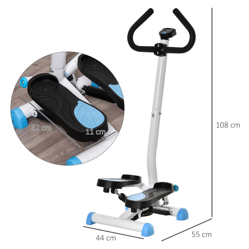 HOMCOM Máquina de Steps Mini Stepper para Fitness en Casa con Pantalla LCD y Pedales Antideslizantes 55x44x108cm Blanco y Azul