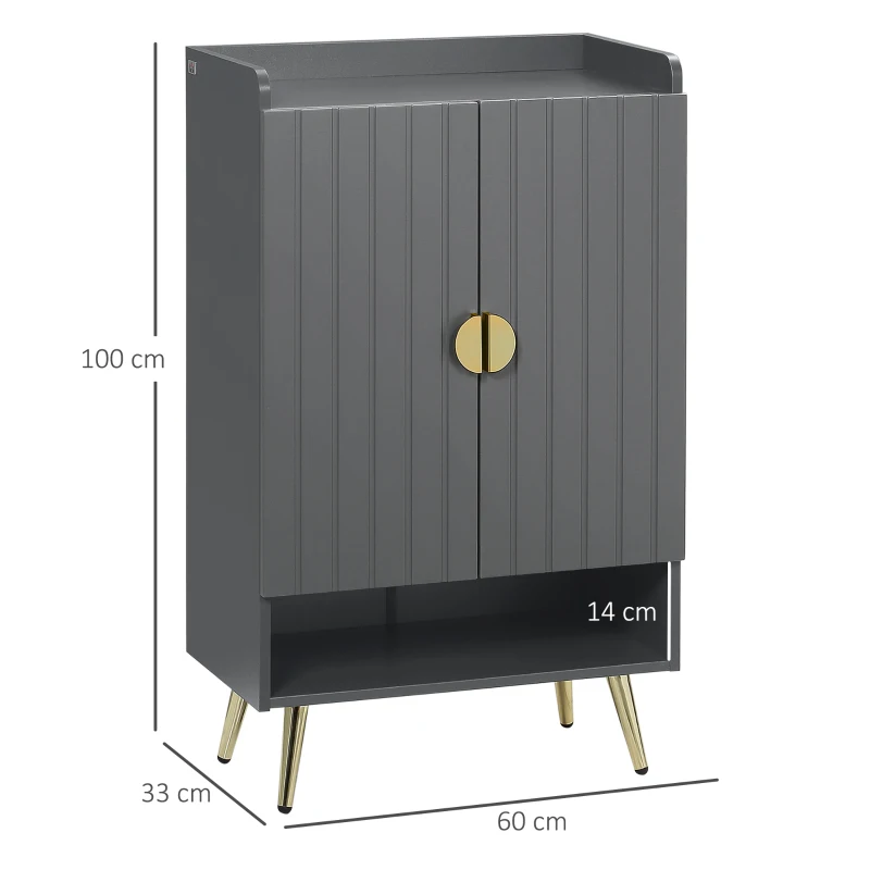 HOMCOM Scarpiera Slim Moderna a 4 Livelli con 2 Ante e Ripiani Regolabili per max 15 Scarpe, in Truciolato e Acciaio, 60x33x100 cm, Grigio e Oro