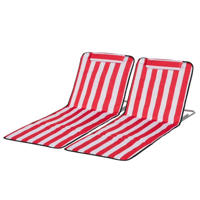 Outsunny Set 2 Șezlonguri de Plajă cu Spătar Reglabil în 5 Poziții, Tetieră și Geantă de Transport, 124x53x45 cm, Roșu