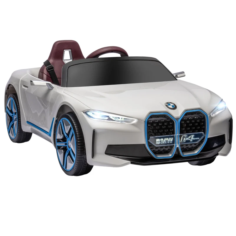 HOMCOM Masinuta Electrica pentru Copii BMW i4 cu Licenta de 12V cu Telecomanda, Masina Alimentata Electric cu Baterii Portabile, Muzica, Claxon, Faruri, Slot MP3, Roti cu Suspensii, pentru Varste intre 3-6 ani - Alb