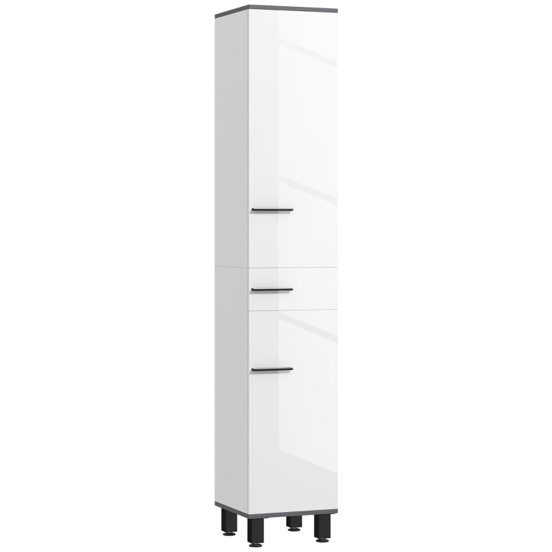 HOMCOM Coloană de Baie Modernă cu Sertar, 2 Dulapuri, 2 Uși și Rafturi Reglabile, Mobilier de Baie, 34x34x190 cm, Alb(m-11)