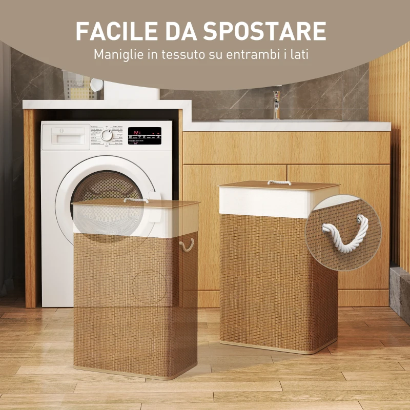 HOMCOM Cesto Portabiancheria 72L con Coperchio in Bambù, Manici in Corda e Sacco Rimovibile, Marrone