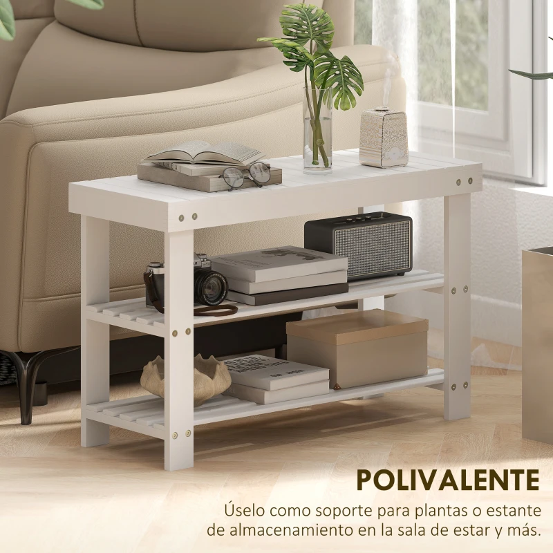 HOMCOM Banco Zapatero de Bambú con Asiento y 2 Estantes para 6 Pares para Entrada Salón Dormitorio 70x28x45 cm Blanco