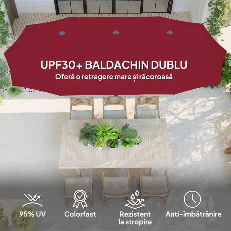 Outsunny Umbrelă Dublă de Grădină cu 12 Spițe, Orificii de Ventilație și Manivelă, 400x220x234 cm, Roșu Vin