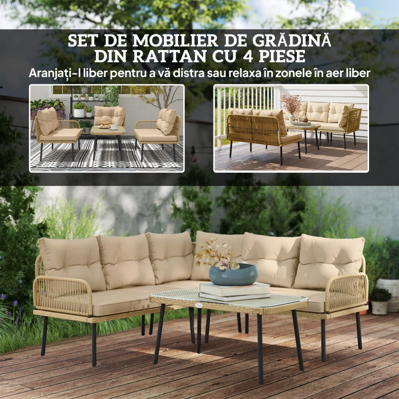Outsunny Set de Mobilier de Grădină din 4 Piese cu 2 Canapele, Fotoliu de Colț și Măsuță de Cafea, 100x68x74 cm, Bej(m-4)