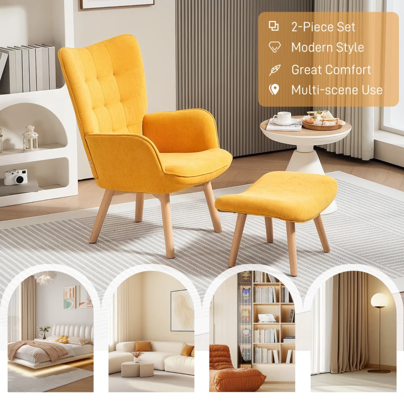 HOMCOM Fotel Akcentowy z Podnóżkiem, Relaksacyjny w Wyglądzie Sztruksu, Fotel z Drewnianymi Nogami, Do Salonu, Pomarańczowy