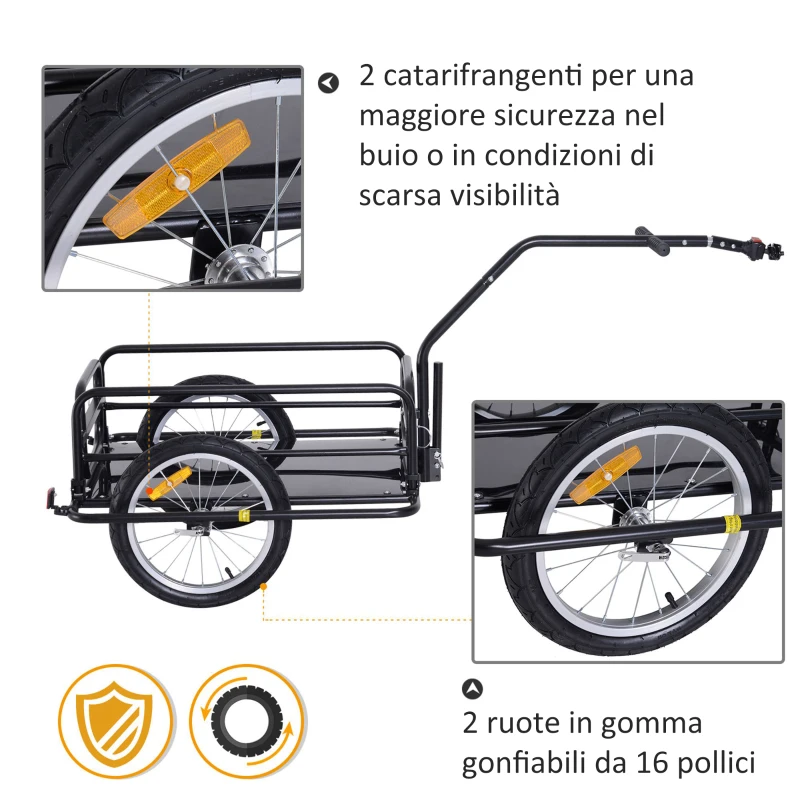 HOMCOM Carrello per Bicicletta Rimorchio Cargo Bici Trasporto di Oggetti Pieghevole Portata 36kg 156x72x82cm