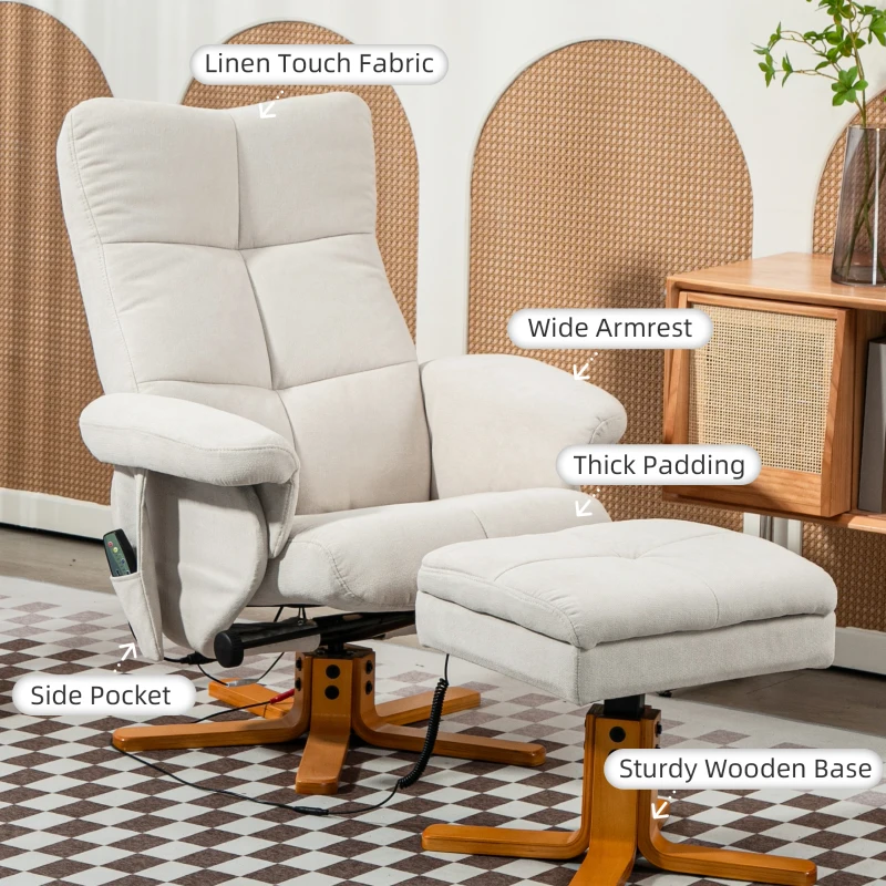 HOMCOM Fotel masujący z funkcją leżenia i podnóżkiem, nachylenie do 145°, Poliester, 80 x 86 x 99 cm, Kremowy