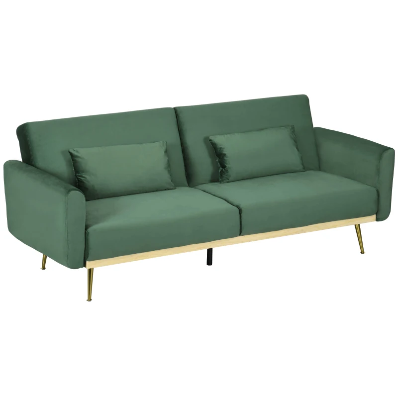HOMCOM Canapea Extensibilă cu 3 Locuri, 2 Perne, Picioare Pliabile și Spătar Reglabil, 206x81x83 cm, Verde