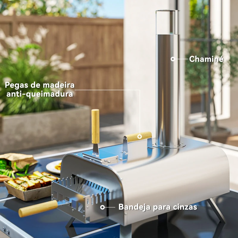 Outsunny Mini Forno a Lenha para Pizza com Pedra Refratária e Pá em Aço Inoxidável com Pés Dobráveis e Pegas 79x36x75 cm Prata