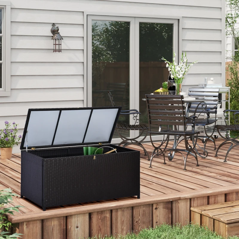 Outsunny Cufăr de Exterior de 284L din Ratan PE cu Pistoane cu Gaz și Cadru Metalic, 118x54x59 cm, Maro Închis
