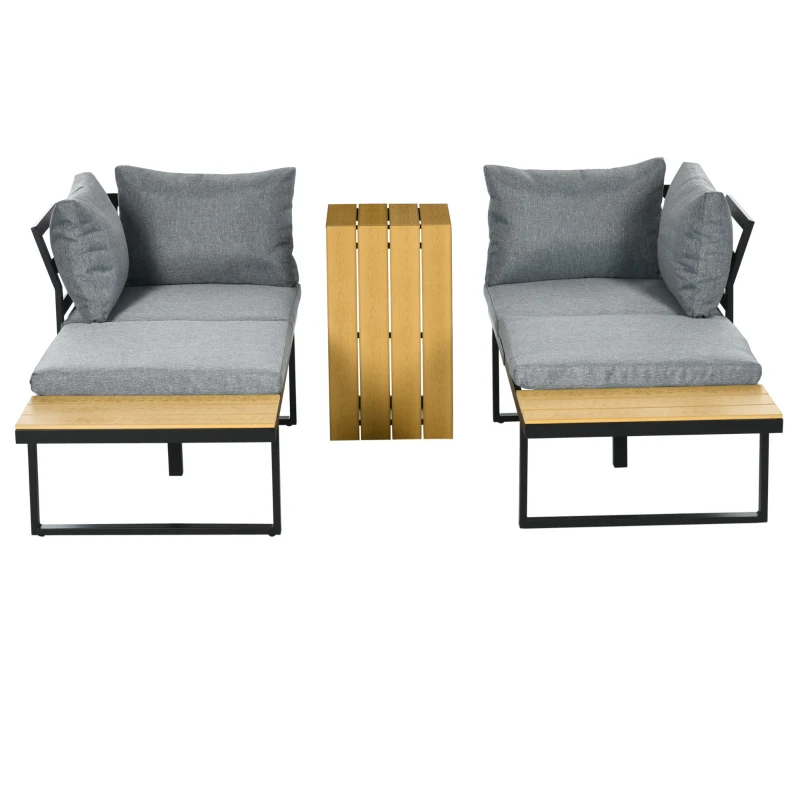 Outsunny Gartenmöbel-Set für 3 Personen Balkonmöbel mit Sitzkissen, Aluminiumrahmen, Holzoptik, Dunkelgrau+Natur