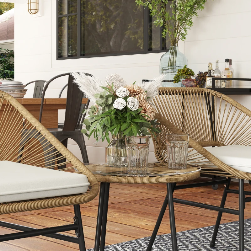 Outsunny Set Bistro din 3 Piese cu Măsuță de Cafea cu Blat de Sticlă și 2 Scaune, Φ45x46 cm, Natural