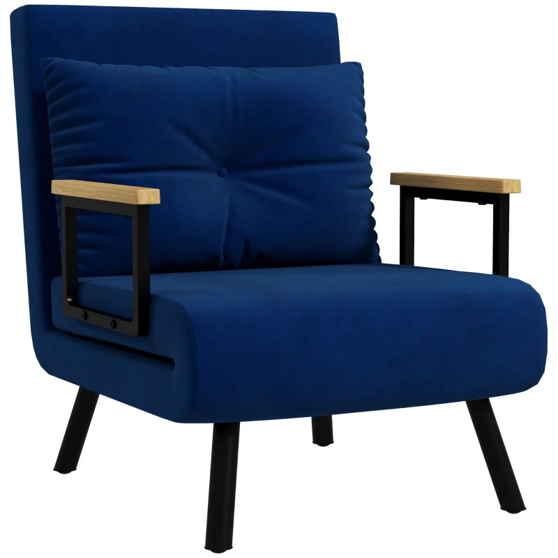 HOMCOM Canapea Extensibilă cu Spătar Reglabil pe 5 Nivele, Canapea Pat Individuală Pliabilă cu Perne, 63x73x81 cm, Albastru(m-11)