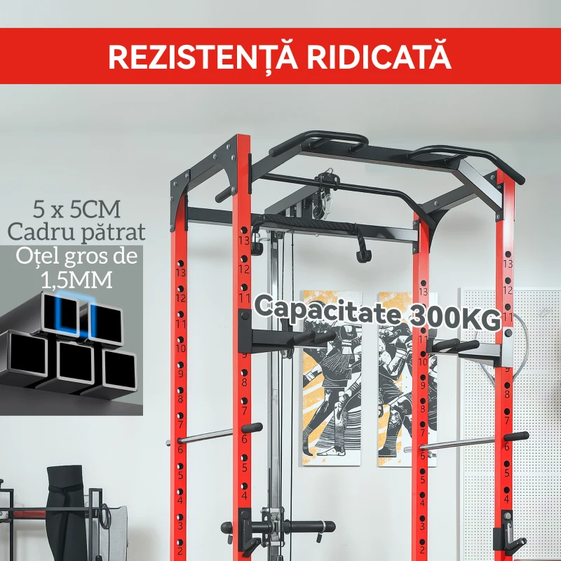 SPORTNOW Stație de Fitness cu Suport pentru Halteră, Discuri și Bară pentru Tracțiuni, 191x153x205 cm, Negru și Roșu