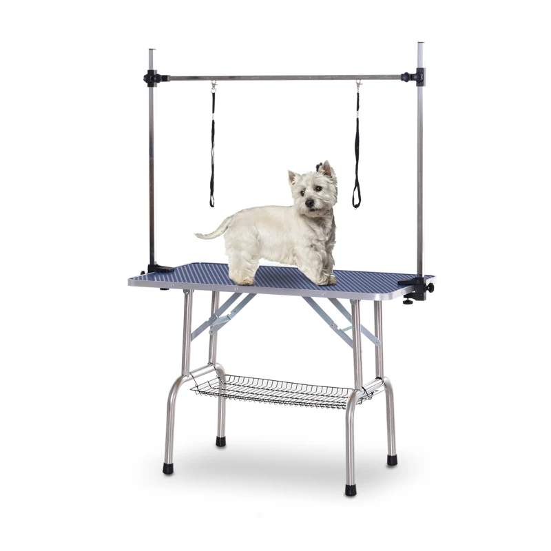 PawHut Tavolo da Toelettatura e Tosatura per 2 Cani, Regolabile e Antiscivolo, con Vassoio Porta Attrezzi, 107x60x170cm, Blu