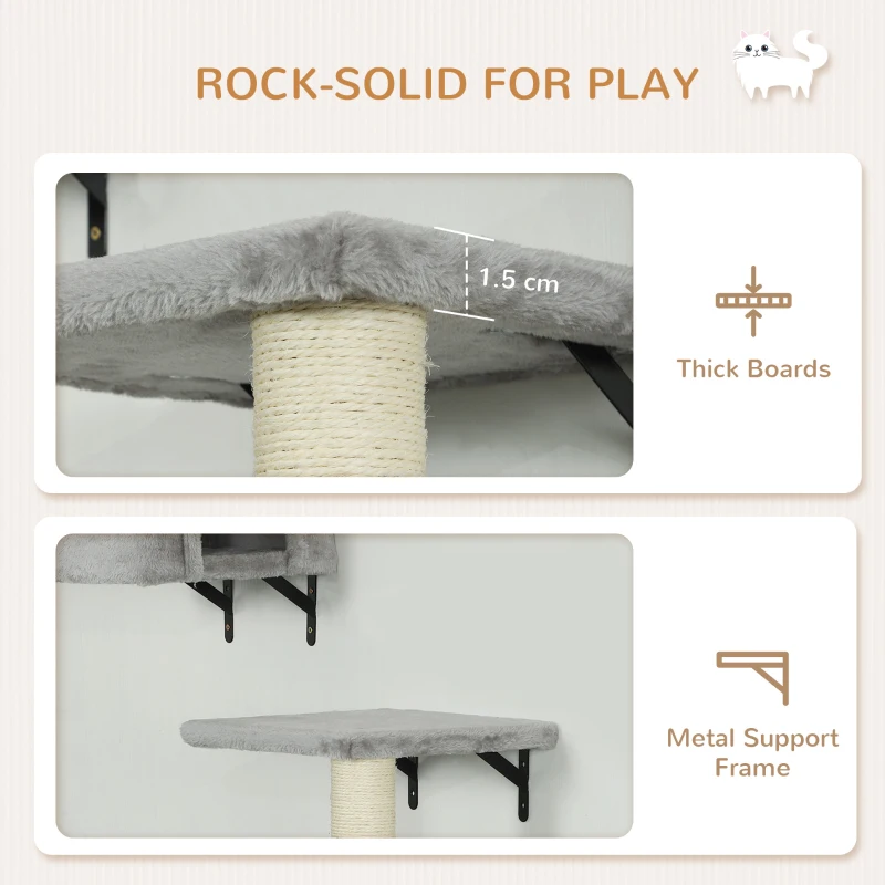 PawHut 6-Piece Cat Wall Shelves Set with Condo, Cat Wall Furniture with Platforms, Sisal Scratching Post, Bed, Toy Ball, Grey