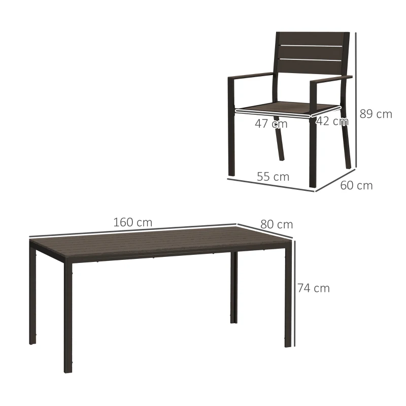 Outsunny Set Masă de Grădină din 7 Piese cu Masă și 6 Scaune cu Brațe, 160x80x74 cm, Maro