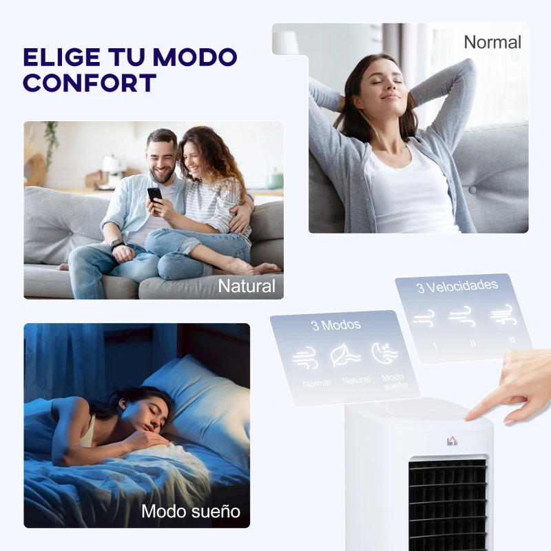 HOMCOM Enfriador de Aire 3 en 1 con Depósito de 7L Modos Ajustables Temporizador Control Remoto y Ruedas 30x30,5x73,5 cm Blanco