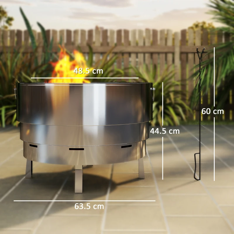 Outsunny Stainless Steel Wood-burning Fire Pit with Fire Poker - Silver