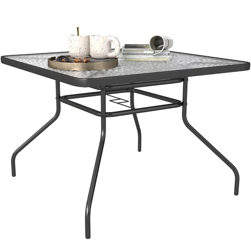 Outsunny Square Garden Dining Table with Tempered Glass Top & Umbrella Hole, 100 x 100 cm
