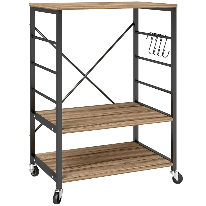 HOMCOM Raft de Bucătărie cu 3 Nivele, Roți și 4 Cârlige, 60x40x84 cm, Lemn Natural