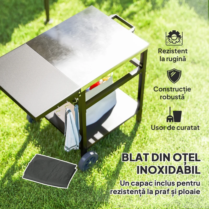 Outsunny Cărucior pentru Grătar cu Blat din Oțel Inoxidabil, Raft Pliabil și Husă de Protecție, 91x58x76 cm, Negru