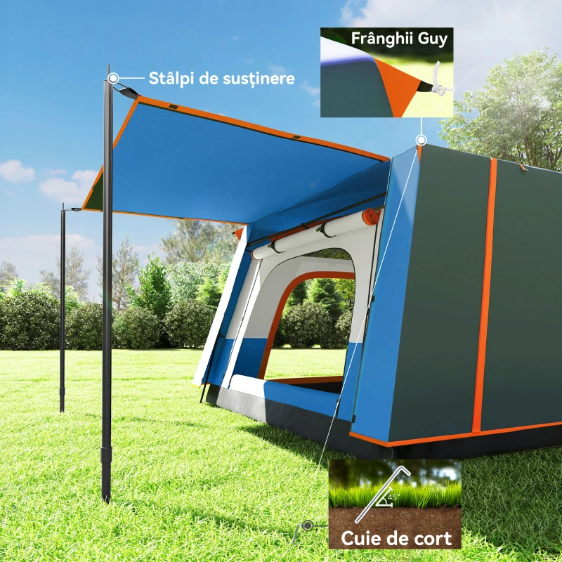 Outsunny Cort de Camping pentru 4-6 Persoane cu 2 Camere, Verandă și Geantă de Transport, 430x305x195 cm, Albastru
